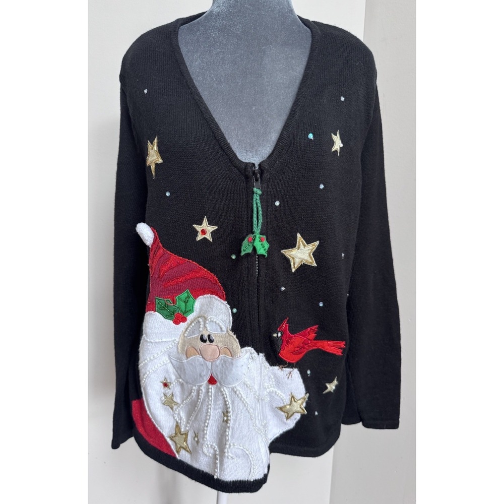 Vtg Christmas Cardigan Sweater XL Knit Full Zip Appliqué Cardinal Santa Novelty - Picture 2 of 16
